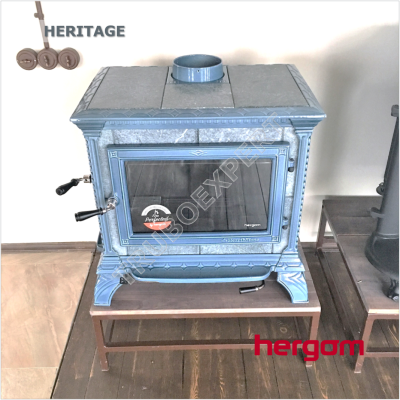Hergom HERITAGE дровяная, чугунная отопительная печь-камин, эмалирована в светло-голубой цвет