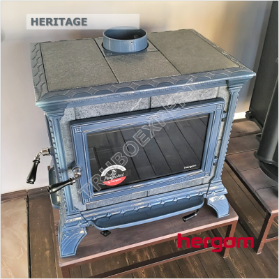 Hergom HERITAGE дровяная, чугунная отопительная печь-камин, эмалирована в светло-голубой цвет
